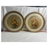 2 ROUND FLORAL HANGING PICTURES, 17" X 17"