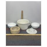 STONEWARE CROCK, CORELLE BOWLS, MILK GLASS DISH