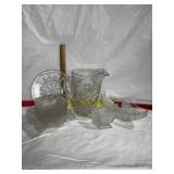 CLEAR GLASS DISHES, PITCHER, RELISH DISHES, PLATES