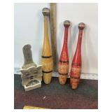 VINTAGE WOODEN JUGGLING CLUBS, CAT MATCH HOLDER