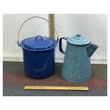 ENAMELWARE COFFEE POT, BLUE POT W/ LID
