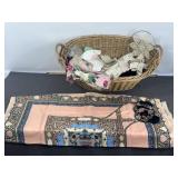 WICKER BASKET W/ VINTAGE LINENS