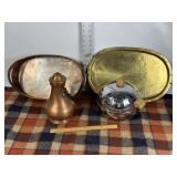 VINTAGE ICE BUCKET, COPPER TRAY & POT, BRASS TRAY