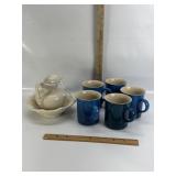 LE CREUSET BLUE MUGS, PITCHER & BOWL