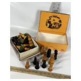 VINTAGE WOODEN CHESS PIECES, CIGAR BOX