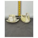 BELLEEK GLASS, SWAN, LEAF PLATE, SUGAR BOWL