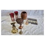 MINI COCKTAIL FORKS, BELLS, WOOD BOWL RED GLASS