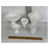 MILK GLASS DISHES, LIDDED CANDY DISH, TOP HAT