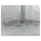 MCM PRESSED CLEAR GLASS DISHES, BASKET, MCKEE GLAS