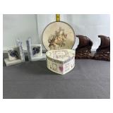 MARBLE & CHALKWARE BOOKENDS, HEART BOX