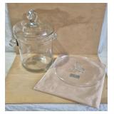 STUBEN LIDDED BISCUIT JAR, & SERVING TRAY