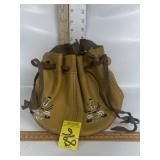 LEATHER BEADED DRAWSTRING POUCH, 8"