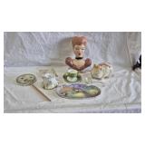 CERAMIC PIGGY BANK, PUSSIA TEA CUP, HAND MIRROR