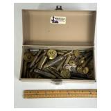 ASSORTMENT OF MILITARY AMMO & PINS IN METAL CASE