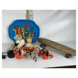 BOX OF VINTAGE TOYS, SKATEBOARD, DOGS, TRAY