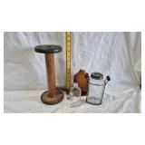 VINTAGE GLASS BOTTLE, LARGE WOOD DOWEL