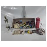 'JUNK DRAWER' BOX, THERMOS, LAMP, PEZ, CARS, PATCH