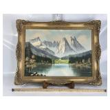 VINTAGE GOLD FRAMED OIL ON CANVAS LAKE/MAOUNTAIN