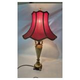 ITALIAN STYLE WOODEN TABLE LAMP & RED SHADE, 28"