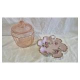 PINK DEPRESSION GLASS BISCUIT JAR, NORCREST DISH