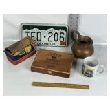 COPPER PITCHER, LICENSE PLATES, GIGAR BOX, MUG