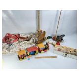 CHILDRENS TOYS, SNOOPY BAG, TRAIN, TOOL SET