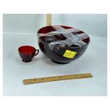 CRANBERRY GLASS PUNCH BOWL & GLASSES, NO LADLE