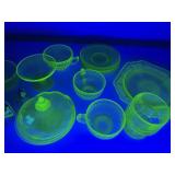 VINTAGE GREEN DEPRESSION GLASS DISHES, GLOWS