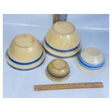 4 ANTIQUE STONEWARE BLUE BAND NESTING BOWLS