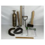 BRASS FIRE EXTINQUISHER, HATCHET, HAY HOOK, SPRINK