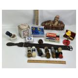 TIE HANGER, VINTAGE SHAVING ITEMS, MATCHES, TIN