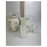 PORCELAIN VASE, MILK GLASS PITCHER & GLASSES
