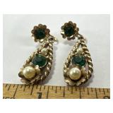 VINTAGE TEARDROP DANGLE EARRINGS, GREEN STONES