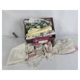 BOX OF MISC LINENS, APRONS, TOWELS