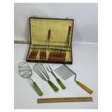FRENCH STYLE DESSERT FLAT WARE IN CASE, BAKELITE