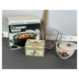 PYREX MEASURING, TIN RECIPE BOX, OVEN PROOF BOWL