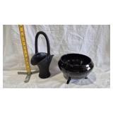 BLACK SATIN GLASS BASKET, ART DECO TRI-FOOTED BOWL
