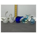 HAND BLOWN GLASS PAPER WEIGHTS, SWANS, BIRD, FISH
