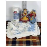 VINTAGE INFANT KNITTED BLANKET & CLOTHS, TOYS