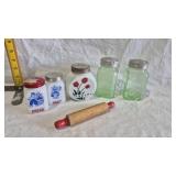 VINTAGE SHAKERS, GREEN DEPRESSION GLASS, MILK GLAS