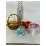 FENTON GLASS BASKET, AMBERINA GLASS DISH