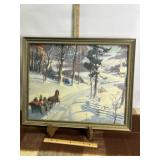 VINTAGE HORSE DRAWN SLEIGH FRAMED ART, 25' X 20'
