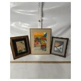 3 FRAMED ART ITEMS, ABSTRACT, BIRD/FLOWER, POND