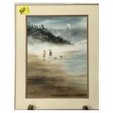 SIGNED WATERCOLOR ART OF BEACH SCENE & KIDS