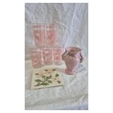 HAZEL-ATLAS GLASS TUMBLERS, PINK POTTERY VASE