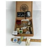 WOOD CIGAR BOX, LIGHTERS, BTL OPENER, TOOLS, PINS