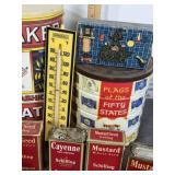 VINTAGE SPICE TINS, QUAKER OATS, THRMOMETRE
