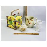 BISCUIT JAT, HALL'S PITCHER, MILK GLASS, BUSS