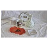 DRESSER JAR, BARBER BOTTLE , SOAP DISH, MUG