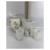 PORCELAIN VASE, MILK GLASS PITCHER & GLASSES